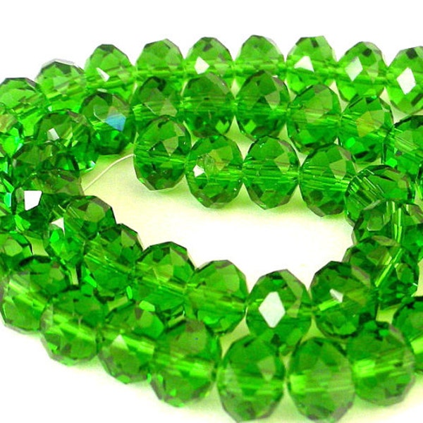 25 fern green 8mm beads, Christmas jewelry supplies, grass green rondelles, bright green Chinese crystal, St Patty's Day