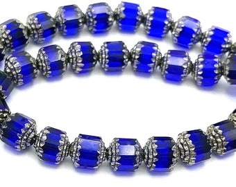 10 cobalt blue 8mm cathedral beads, Czech glass, blue and metallic silver