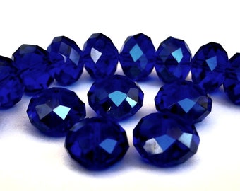 12 dark cobalt blue beads, 12mm deep blue, 12mm x 8mm rondelles, large Chinese crystal