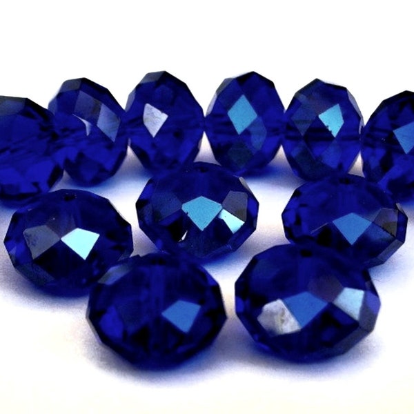 12 dark cobalt blue beads, 12mm deep blue, 12mm x 8mm rondelles, large Chinese crystal