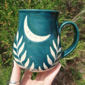 Moon and Ferns Mug, Crescent Moon Mug, Handmade Witchy Mug, Handmade Moon Pottery Cup