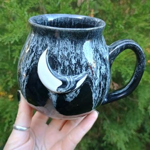 3D Moon Mug, Black Crescent Moon Mug, Handmade Witchy Mug, Handmade Moon Pottery Cup