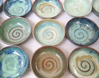 Handmade Green and Blue Ceramic Ring Dish, Pottery Jewelry Holder, Small Dip Bowl