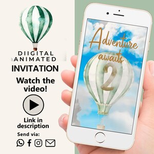 Convite em vídeo de aniversário de balão de ar quente para menino | MP4 digital personalizado para a idade | Tema de festa "Aventura aguarda" | Convite de balão de ar quente verde
