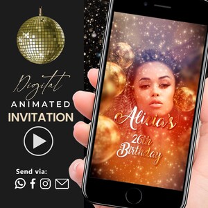 Disco Gold Birthday Video Invitation | Glitter Party Digital Invite | Custom 70s Theme Video Card | Glam Dance Party for Girls