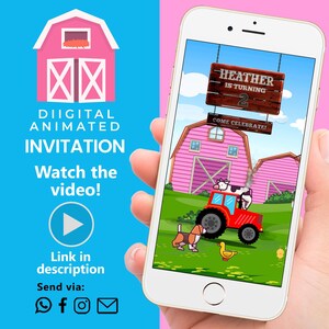 Invitation vidéo d'anniversaire à la ferme pour fille | Invitation rose de partie de grange | Carte numérique animée animaux de la ferme