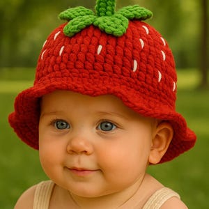 May include: A baby wearing a red crochet strawberry hat with white accents and green leaves. The baby is also wearing a beige crochet top. The background is a blurred green.