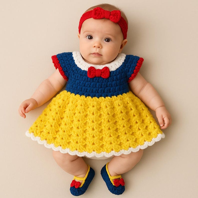 Pu&ograve; includere: Un bambino che indossa un costume di Biancaneve all'uncinetto con gonna gialla, corpetto blu e fiocco rosso. Il costume ha un bordo bianco e il bambino indossa scarpe rosse e bianche.