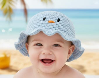 Modello per cappello a secchiello all'uncinetto a forma di papera, adatto a principianti, taglia neonato e bambino (download PDF)