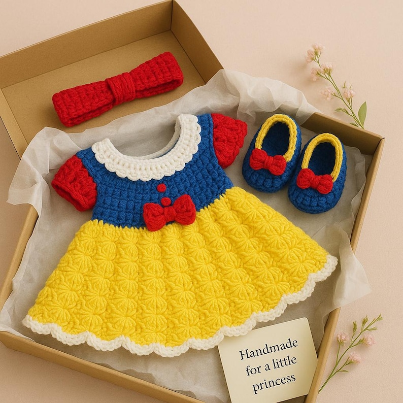 Pu&ograve; includere: Un completo per neonata fatto a mano a tema Biancaneve. Il completo comprende un vestito blu e giallo con un fiocco rosso, una fascia per capelli rossa e un paio di scarpe blu e gialle con fiocchi rossi. Il completo &egrave; in una scatola regalo con le parole "Handmade for a little princess".