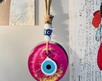 Rosa Evil Eye Wandbehang: Glitzer Glas Nazar, Türkisches Boho Dekor