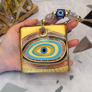 Square Evil Eye Wall Hanging – Turkish Nazar Boncugu – House Protection – Yellow Accented Evil Eye Charm– Baby Shower Gift – Good Luck
