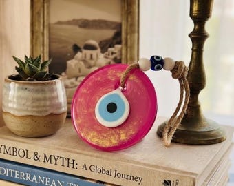 Pink Evil Eye Wall Hanging: Glitter Glass Nazar, Turkish Boho Decor
