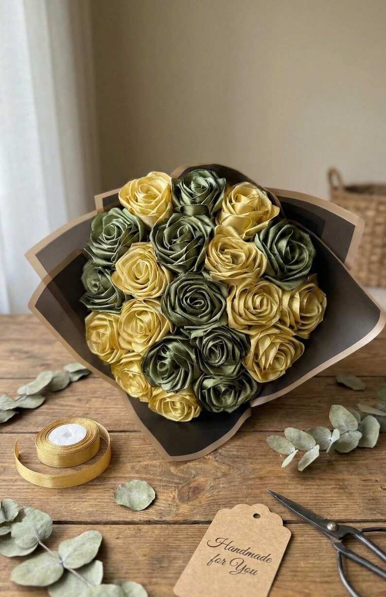 Handmade forever flower bouquet featuring olive green and golden yellow satin ribbon roses wrapped in elegant translucent brown paper. A luxury long lasting floral gift designed for weddings, anniversaries, Mother’s Day, and romantic occasions. Displayed in a modern neutral interior setting with jewelry box and soft natural light. A timeless artificial rose bouquet that never fades and serves as a keepsake floral arrangement.