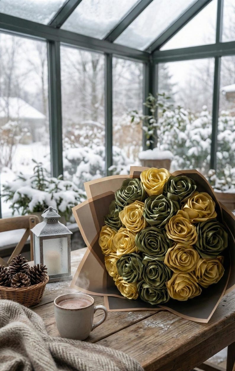 Handmade forever flower bouquet featuring olive green and golden yellow satin ribbon roses wrapped in elegant translucent brown paper. A luxury long lasting floral gift designed for weddings, anniversaries, Mother’s Day, and romantic occasions. Displayed in a modern neutral interior setting with jewelry box and soft natural light. A timeless artificial rose bouquet that never fades and serves as a keepsake floral arrangement.