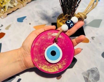 Boho Evil Eye Wall Hanging – Pink Glass Nazar Disc – Handmade Protection Wall Art – Evil Eye Gift Idea – Turkish Sentimental Decor