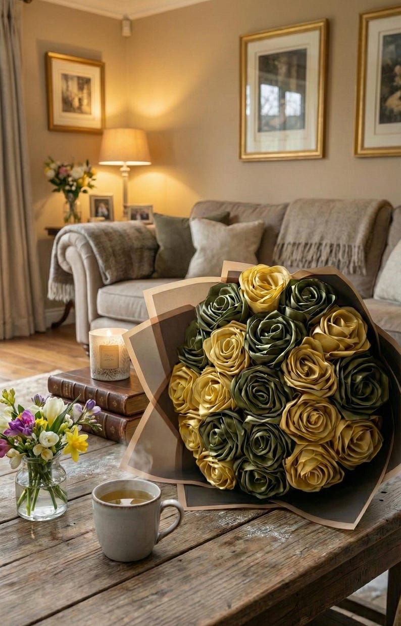 Handmade forever flower bouquet featuring olive green and golden yellow satin ribbon roses wrapped in elegant translucent brown paper. A luxury long lasting floral gift designed for weddings, anniversaries, Mother’s Day, and romantic occasions. Displayed in a modern neutral interior setting with jewelry box and soft natural light. A timeless artificial rose bouquet that never fades and serves as a keepsake floral arrangement.