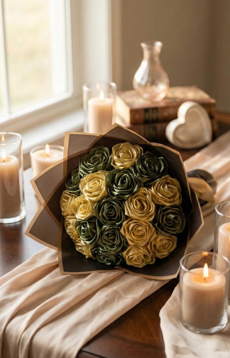Handmade forever flower bouquet featuring olive green and golden yellow satin ribbon roses wrapped in elegant translucent brown paper. A luxury long lasting floral gift designed for weddings, anniversaries, Mother’s Day, and romantic occasions. Displayed in a modern neutral interior setting with jewelry box and soft natural light. A timeless artificial rose bouquet that never fades and serves as a keepsake floral arrangement.