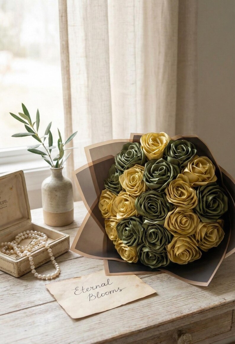 Handmade forever flower bouquet featuring olive green and golden yellow satin ribbon roses wrapped in elegant translucent brown paper. A luxury long lasting floral gift designed for weddings, anniversaries, Mother’s Day, and romantic occasions. Displayed in a modern neutral interior setting with jewelry box and soft natural light. A timeless artificial rose bouquet that never fades and serves as a keepsake floral arrangement.