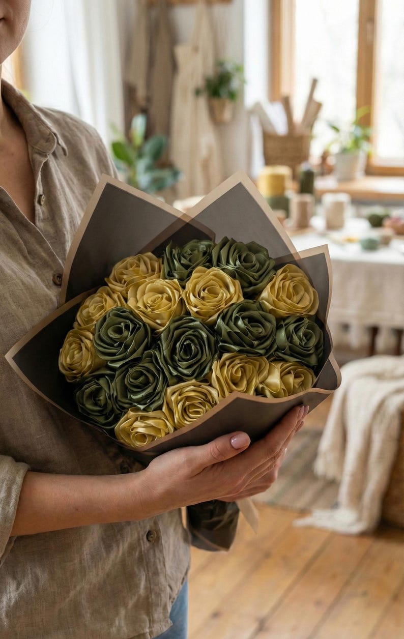 Handmade forever flower bouquet featuring olive green and golden yellow satin ribbon roses wrapped in elegant translucent brown paper. A luxury long lasting floral gift designed for weddings, anniversaries, Mother’s Day, and romantic occasions. Displayed in a modern neutral interior setting with jewelry box and soft natural light. A timeless artificial rose bouquet that never fades and serves as a keepsake floral arrangement.