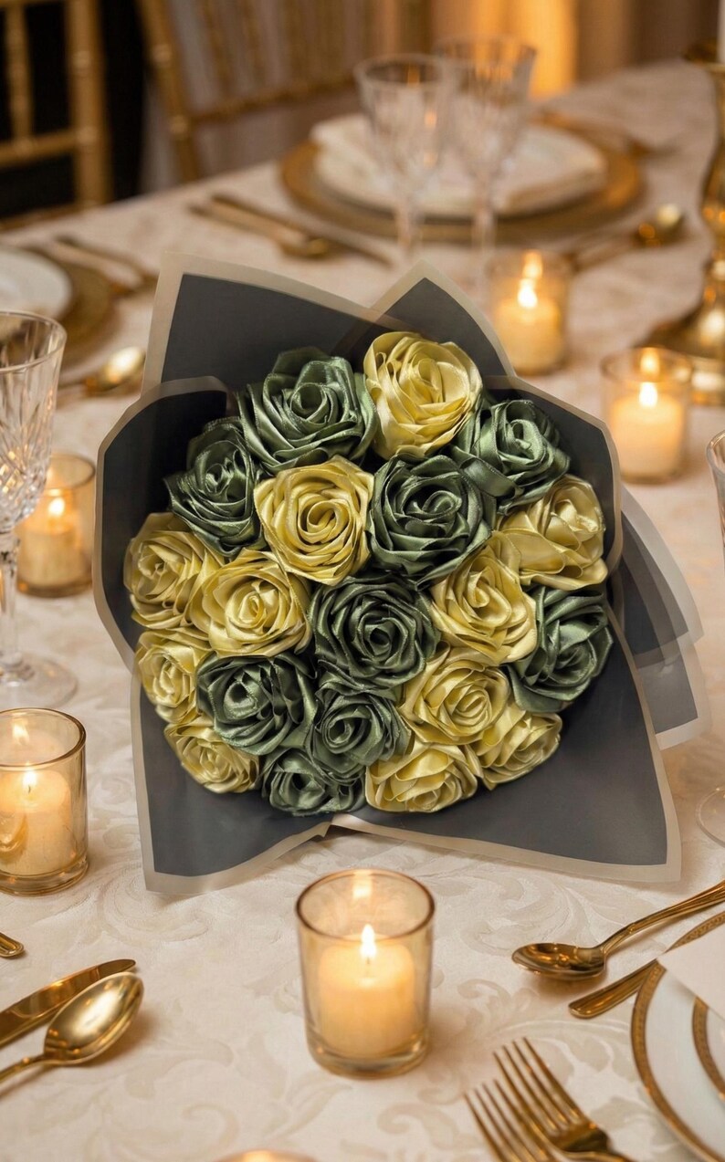 Handmade forever flower bouquet featuring olive green and golden yellow satin ribbon roses wrapped in elegant translucent brown paper. A luxury long lasting floral gift designed for weddings, anniversaries, Mother’s Day, and romantic occasions. Displayed in a modern neutral interior setting with jewelry box and soft natural light. A timeless artificial rose bouquet that never fades and serves as a keepsake floral arrangement.