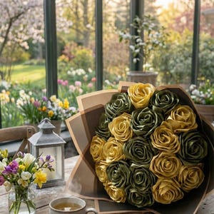 Handmade forever flower bouquet featuring olive green and golden yellow satin ribbon roses wrapped in elegant translucent brown paper. A luxury long lasting floral gift designed for weddings, anniversaries, Mother’s Day, and romantic occasions. Displayed in a modern neutral interior setting with jewelry box and soft natural light. A timeless artificial rose bouquet that never fades and serves as a keepsake floral arrangement.