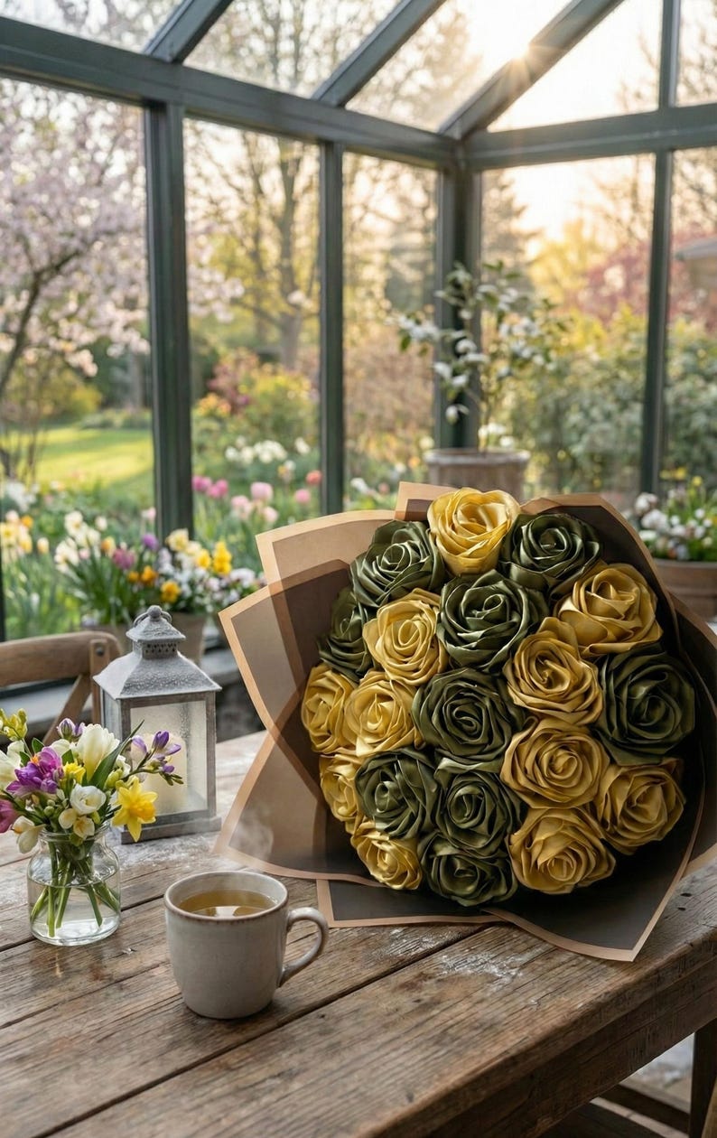 Handmade forever flower bouquet featuring olive green and golden yellow satin ribbon roses wrapped in elegant translucent brown paper. A luxury long lasting floral gift designed for weddings, anniversaries, Mother’s Day, and romantic occasions. Displayed in a modern neutral interior setting with jewelry box and soft natural light. A timeless artificial rose bouquet that never fades and serves as a keepsake floral arrangement.