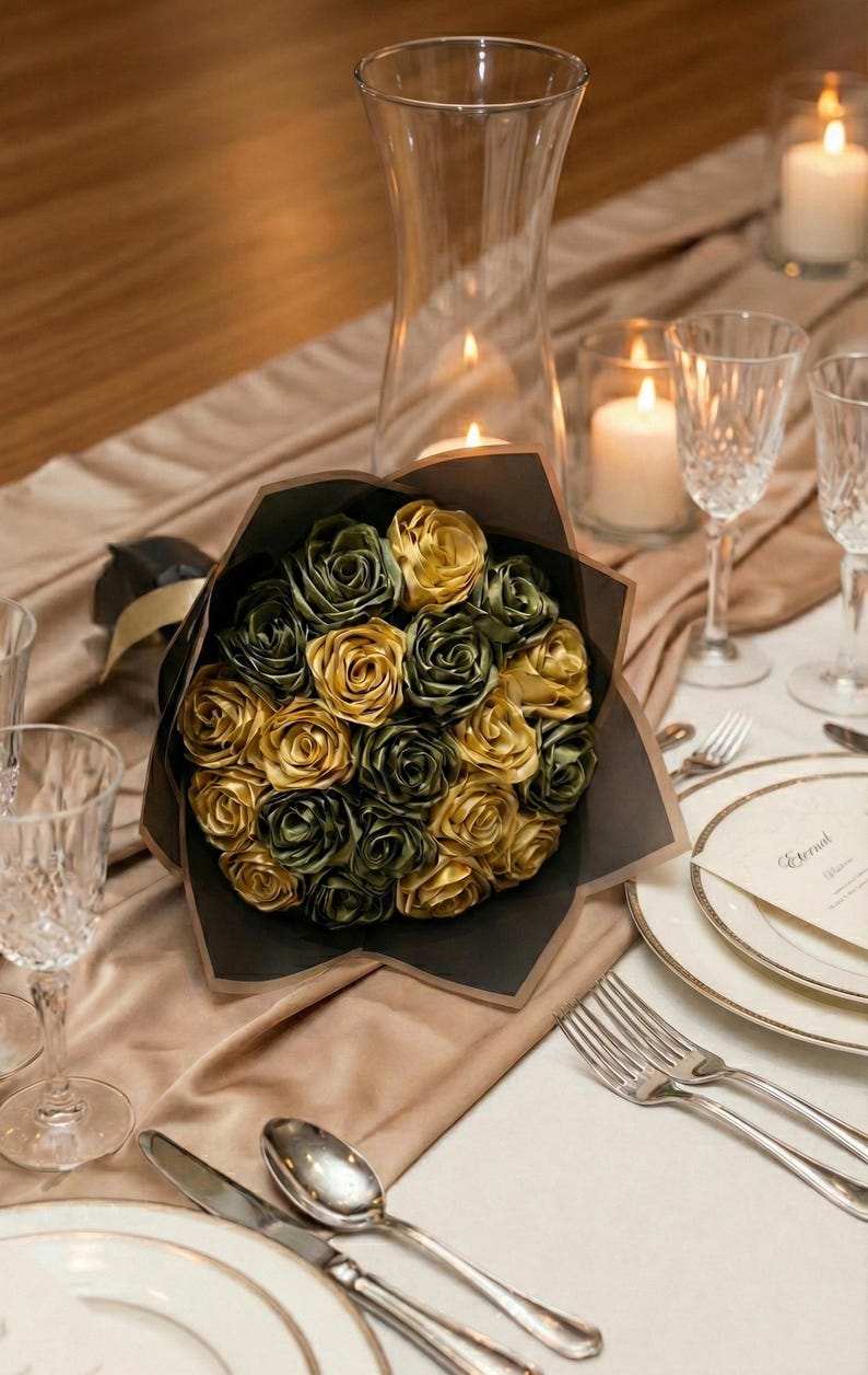 Handmade forever flower bouquet featuring olive green and golden yellow satin ribbon roses wrapped in elegant translucent brown paper. A luxury long lasting floral gift designed for weddings, anniversaries, Mother’s Day, and romantic occasions. Displayed in a modern neutral interior setting with jewelry box and soft natural light. A timeless artificial rose bouquet that never fades and serves as a keepsake floral arrangement.