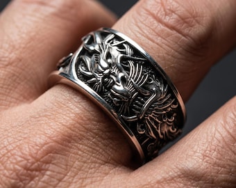 Dragon Rage Ring – Aggressive Dragon Ring – 925 Sterling Silver Dragon Jewelry – Adjustable Open Ring – Gothic Men Ring