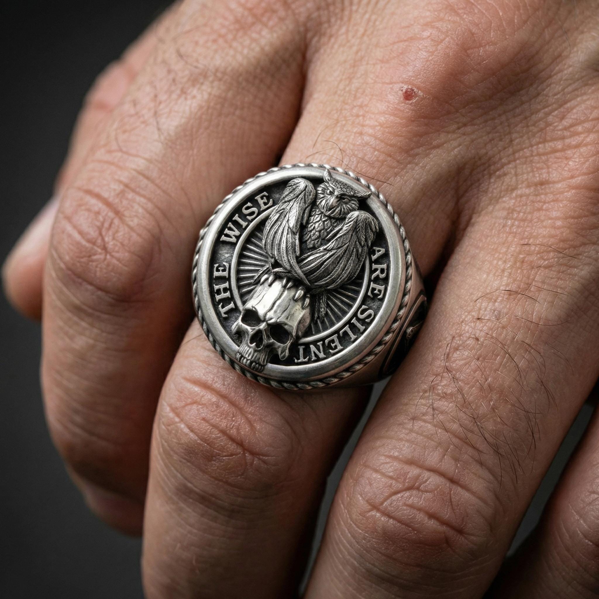Occult Ring 925 Silver &ndash; Owl Skull Ring &ndash; Secret Society Ring &ndash; Mystic Symbol Ring