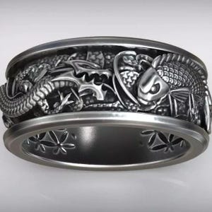 Dragon and Koi Ring, Yin Yang Power Ring, Handmade Silver Animal Ring, Mythical Jewelry for Men, Asian Symbol Ring