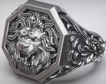 Lion Head Signet Ring, Royal Baroque Ring, Gothic Silver Lion Ring, Mens Statement Ring, Vintage Style Jewelry
