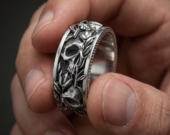 Skull Rose Band Ring 925 Silver – Gothic Flower Ring – Mens Silver Ring – Unique Gift for Him