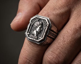 Roman Caesar Ring 925 Silver – Ancient Coin Ring – Emperor Ring – Vintage Signet Ring – Mens Bold Jewelry