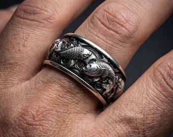 Japanese Koi Ring 925 Silver – Koi Carp Band – Flow & Resistance Ring – Mens Bold Jewelry – Unique Gift
