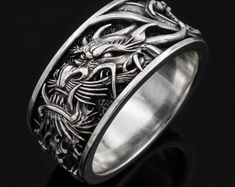 Dragon Ring Silver – 925 Sterling Silver Dragon Ring – Adjustable Dragon Band – Gothic Dragon Jewelry – Men Statement Ring