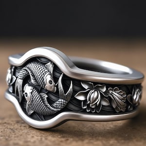Koi Fish and Lotus Mens Nature Ring, Animal and Botanical Ring in Sterling Silver, Floral Wedding Ring For Men, Pisces Jewelry, Pisces Gift