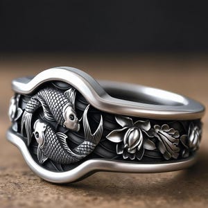 Koi Fish Lotus Ring: Sterling Silver Nature Ring, Pisces Jewelry