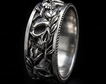 Skull Rose Ring 925 Silver – Memento Mori Ring – Gothic Band Ring – Mens Statement Ring – Dark Jewelry