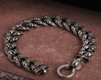 Handmade Silver Skull Bracelet: Gothic Punk Rock Wristband