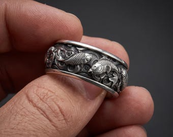 Koi Fish Silver Ring 925 – Japanese Inspired Band Ring – Vintage Style Ring – Unique Gift for Him