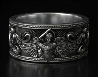 Archangel Michael Sterling Silver Signet Ring, Religious Mens Faith Ring