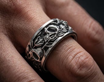 Skull and Rose Ring 925 Silver – Dark Romance Ring – Gothic Floral Ring – Mens Silver Band