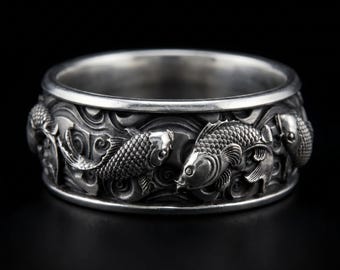 Koi Fish Ring 925 Silver – Japanese Koi Ring – Against The Current Ring – Mens Statement Ring – Symbolic Jewelry