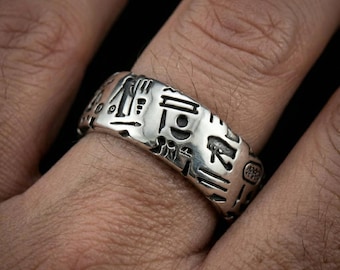 Egyptian Symbol Ring 925 Silver – Secret Code Ring – Hieroglyph Band – Mens Bold Jewelry