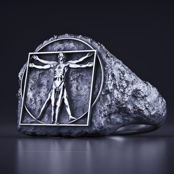 Vitruvian Man Ring, Handmade Silver Seal Ring, Leonardo Inspired Men's Ring, Artistic Statement Jewelry, Human Form Symbol Ring