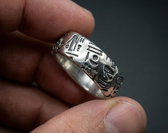 Egyptian Hieroglyph Ring 925 Silver – Ancient Band Ring – Mens Silver Ring – Unique Gift for Him