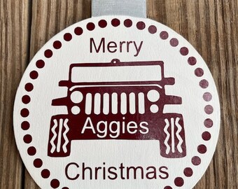 2237 hand painted Texas A&M Aggie Jeep Christmas ornament.