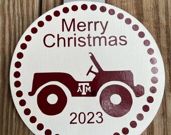 2236 hand painted Texas A&M Aggie Jeep Christmas ornament.
