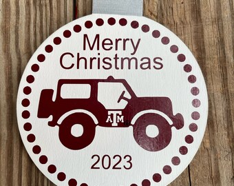 2235 hand painted Texas A&M Aggie Jeep Christmas ornament.